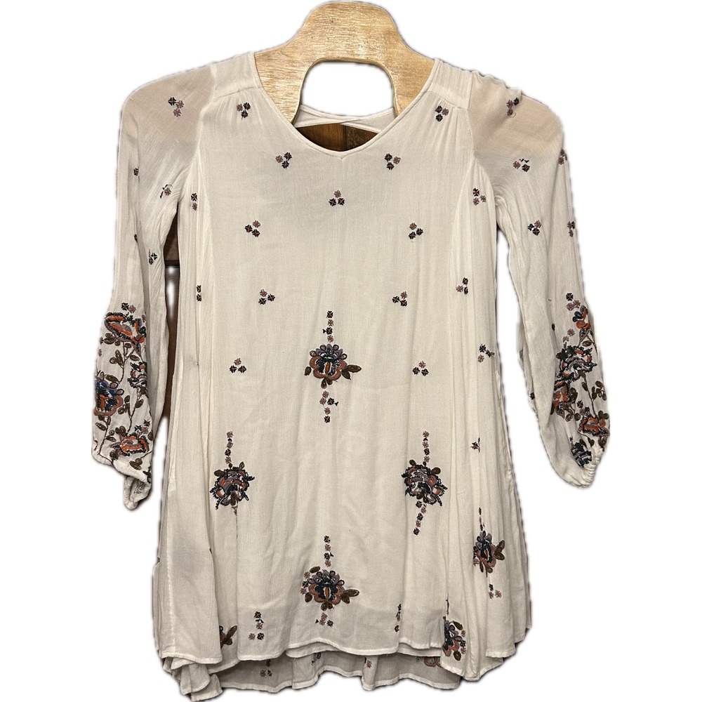 Free‎ People Floral Embroidered Mini Dress ivory Long Sleeve Boho Gauze